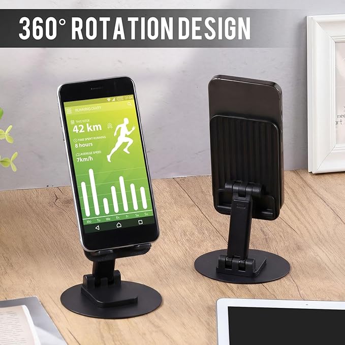 Geelin 50 Pieces 360 Black Rotating Phone Stand Desktop Fully Adjustable Foldable Phone Holder with Anti-Slip Pad Lightweight Aluminum Base Tablet Stand for All Phones