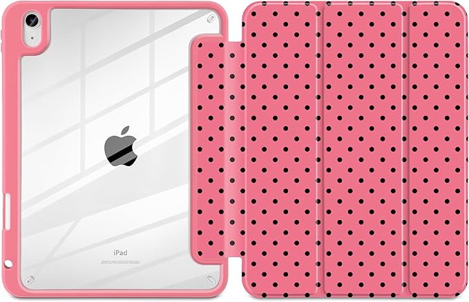 Case for iPad A16 11th Generation 11 inch 2025 iPad 10th Generation 10.9 inch 2022 -[Built-in Pencil Holder] Shockproof Clear Hard Back Trifold Stand Auto Wake/Sleep Rose red Polka dot