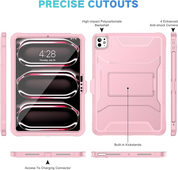 Soke Case for iPad Pro 11 Inch (M5) 2025/ (M4) 2024 with Built-in Screen Protector &amp Kickstand Rugged Full Body Heavy Duty Protective Cover with Pencil Holder - Pink
