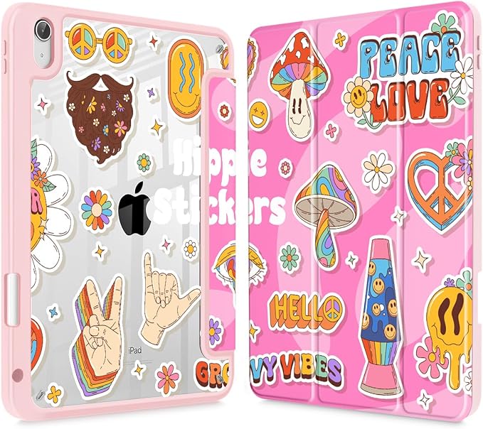 Case for iPad (A16) 11th Generation 11 Inch (2025) iPad 10th Generation 10.9 Inch (2022) Shockproof Cover with Clear Transparent Back Shell &amp Pencil Holder Groovy Hippie Stickers