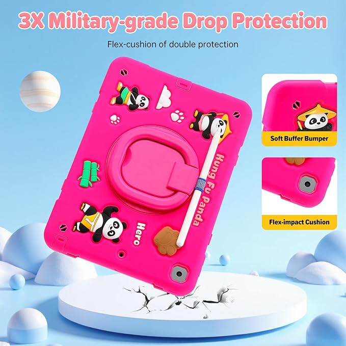 Case for iPad 9th/8th/7th Generation iPad 10.2 Inch 2021/2020/2019 Funny Cartoon Silicone 3D Panda Design Kids Case Heavy Duty Protection with Stand/Pencil Holder/Shoulder Strap (Rose)