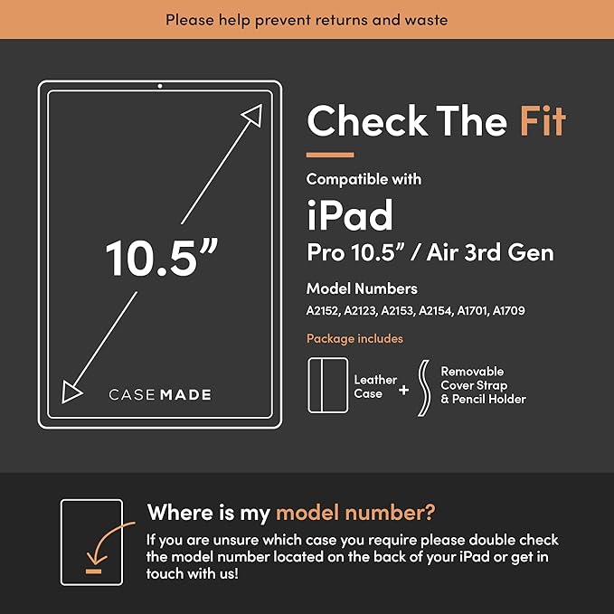 Casemade Real Leather Case Compatible with iPad Pro 10.5” / Air 3rd Gen (2019) - Full-Grain Leather Cover Auto Sleep/Wake Dual Stand Position (Black)