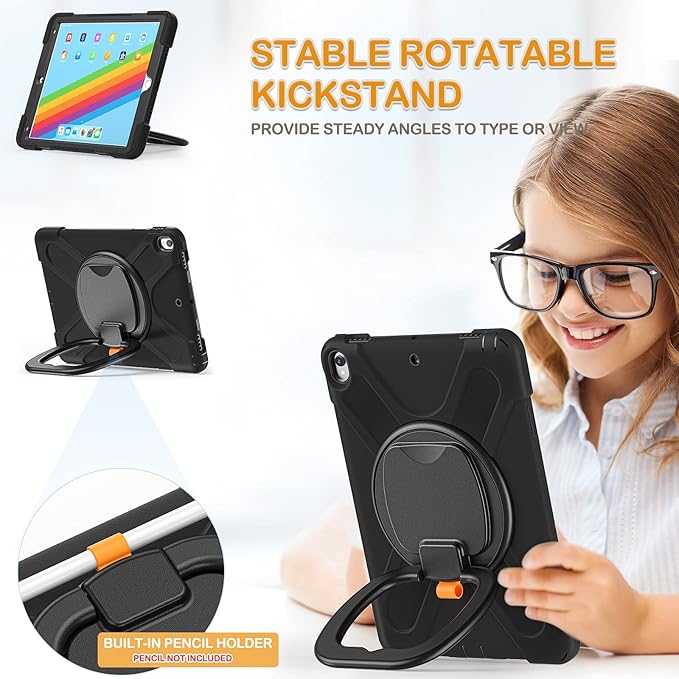 BRAECN Case for iPad Air 3 10.5 2019 iPad Pro 10.5 Case 2017- Heavy Duty Silicone Cover with Pencil HolderRotating Hand GripCarrying Shoulder StrapStable Kickstand Fit for iPad Air 3rd Gen-Black