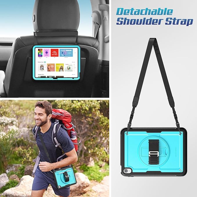 SEYMAC stock Case for iPad A16 11-inch Case 2025/ for iPad 11th/ 10th Generation 10.9'' 2022 Protective with Screen Protector Pen Holder Rotate Stand Loop Nylon Hand Strap Shoulder Strap Cyan