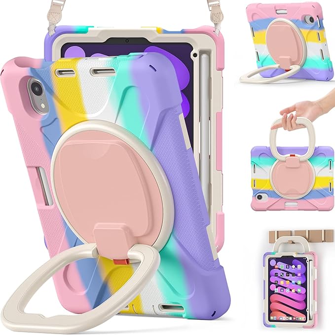 BRAECNstock Kids Case for Apple iPad mini 7 (A17 Pro)/ Mini 6 2024/2021 8.3-Inch Shockproof Protective iPad mini Case with Screen Protector Rotating Stand Handle Grip Pencil Holder Rainbow Pink