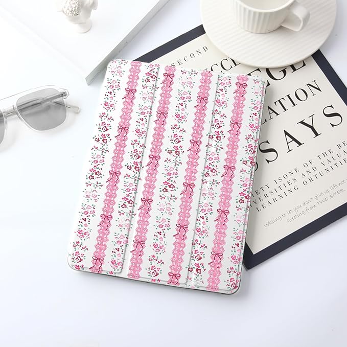 JOYLAND for iPad 6th/5th Generation 9.7 inch Case (2018/2017) with Pencil Holder-Auto Wake/SleepBlue Bow&ampFlowers Cover Anti-Scratch Shockproof Premium Folio Stand CaseWhite