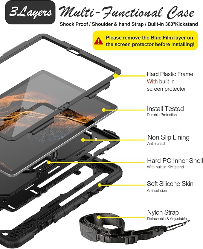 Case for Samsung Galaxy Tab S8 Plus 2022/S7 FE/S7 Plus 5G 12.4-inch Tablet Case Protective [with Screen Protector] Rotatable Kickstand S Pen Holder Hand/Shoulder Strap (Black)
