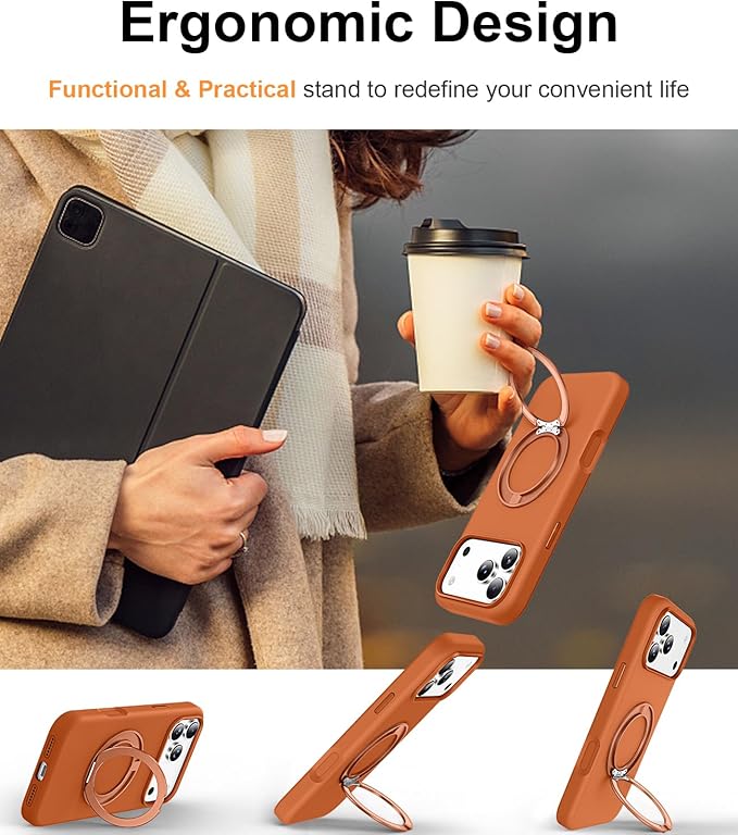 STERKER 360° Rotatable Stand Compatible with iPhone 17 Pro Case with Magnetic [Military Grade Drop Tested][Adjustable Kickstand] Ring Holder Silicone Slim Back Soft Edge Orange