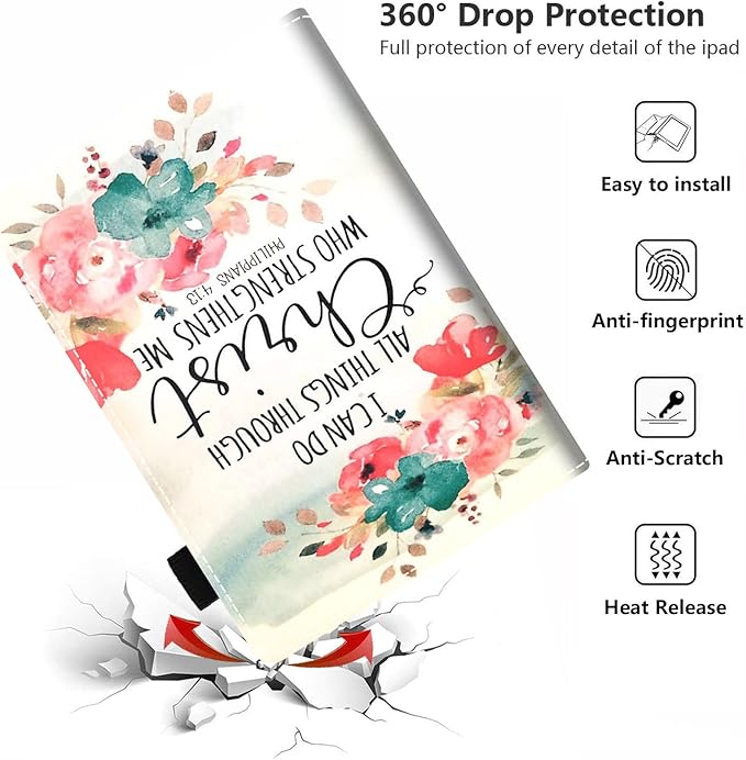 Case for Amazon Kindle Fire 7 Tablet (7 Display 9th/7th Generation 2019/2017 Release) - PU Leather Folio Case with Smart Auto Wake/Sleep Floral Quote Bible Verse Philippians 4:13