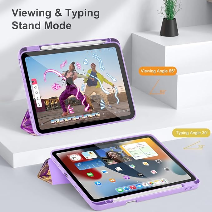 May Chen for iPad (A16) 11th Generation Case 11 Inch 2025 iPad 10th Gen Case 2022 10.9 inch Built-in Pencil Holder with Shockproof Cover Clear Transparent Back Shell Auto Wake/Sleep Purple Roses
