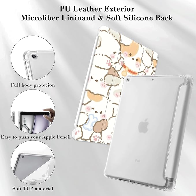 Idocolors Cute Kawaii Puppy Dog Pad Case for 10.2 Inch iPad 9th/7th/8th Gen Clear TPU Trifold Stand Back Cover with Pencil Holder Auto Wake/Sleep Protective Case for iPad 2021/2020/2019