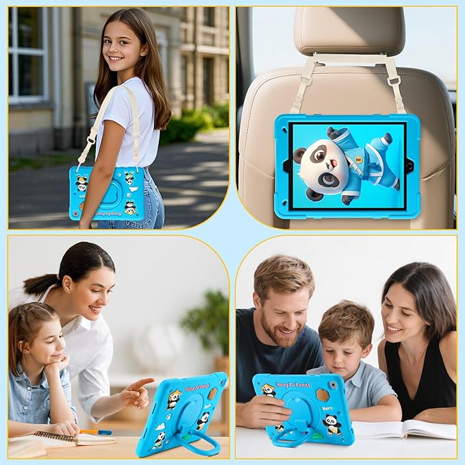 Case for iPad 9th/8th/7th Generation iPad 10.2 Inch 2021/2020/2019 Funny Cartoon Silicone 3D Panda Design Kids Case Heavy Duty Protection with Stand/Pencil Holder/Shoulder Strap
