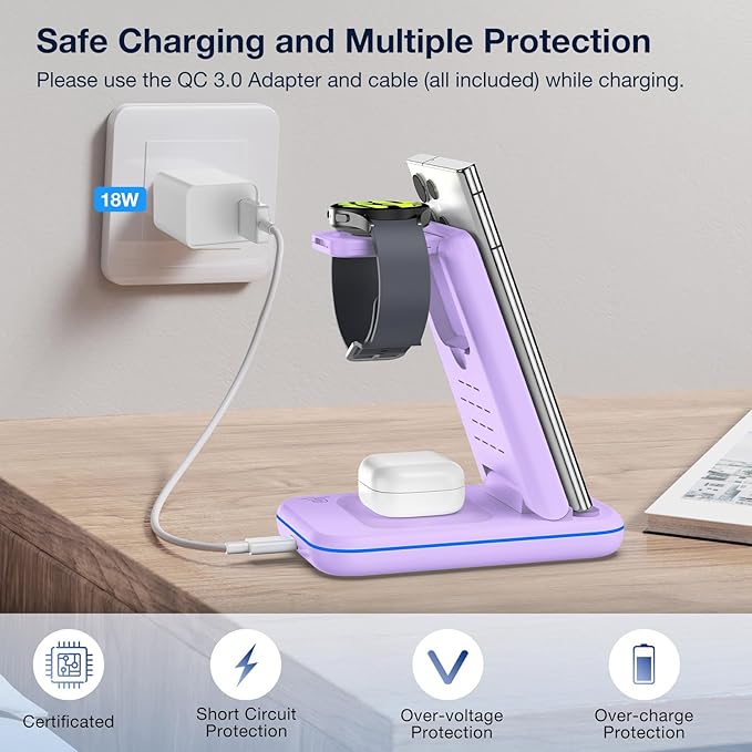 Multi Charger for Samsung Foldable Charger ONLY for Galaxy Watch Ultra/7/6/5/4/3/Active 2 Travel 3 in 1 Fast Charging Station/Dock for Samsung S24/S23/S22/S21/S20/Note 20 for Buds 3/2 Pro(Violet)
