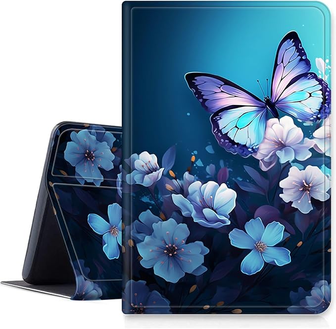DIGTIALLL Case for Amazon Kindle Fire 7 Tablet Case (12th Gen 2022 Release) PU Leather Smart Protective Cover with Auto Sleep/WakeBlue Butterfly Flowers