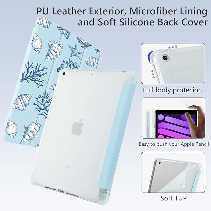 Cute Conch Shell for iPad Air 11 Inch Case 7th/6th Generation (M3/M2) 2025/2024 with Pencil Holder Auto Sleep/Wake Blue Leather Soft TPU Back Cover