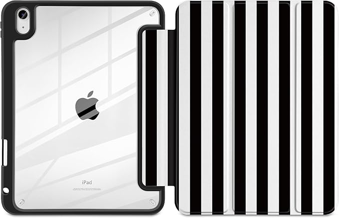DONGKE Case for iPad (A16) 11th Generation 11 inch 2025 &amp iPad 10th Gen 10.9 inch 2022 [Built-in Pencil Holder] Clear Acrylic Back Trifold Stand Smart Cover Auto Sleep/Wake Black Stripes