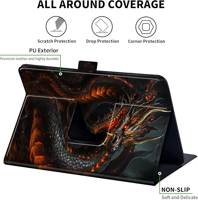 for Universal 10 10.1 Inch Android Tablet Case 360 Degree Rotating PU Leather Stand Folio Cover for iPad 9.7/10.2/10.5/Galaxy Tab 9-10.5/Fire HD 10 and More 9.0-10.5 Inch TabletBig Orange Dragon