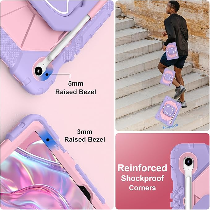 Case for Samsung Galaxy Tab S10 Lite / S10 FE / S9 FE 10.9 Inch Samsung Tab S9 11 Inch Rugged Galaxy S10 Tablet Case with Pen Holder 360 Rotating Stand Shoulder Strap Screen Protector Purple