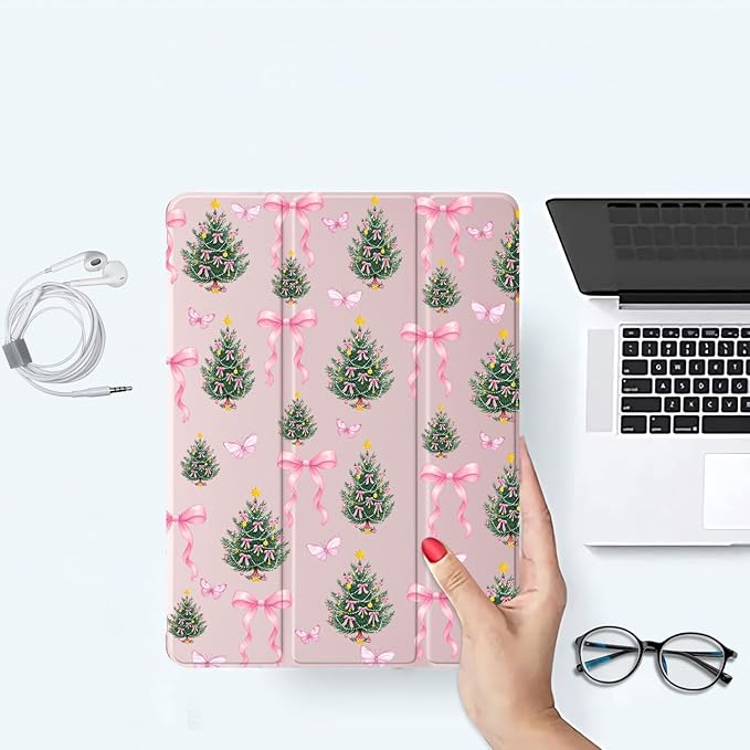 JOYLAND Lovely Ribbon Bow Cedar Case for iPad mini 7th(A17 Pro) 2024 / Mini 6th Generation 8.3 2021Pencil Holder &amp Clear Transparent Back &amp Trifold Smart Tablet Cover for Girls Women