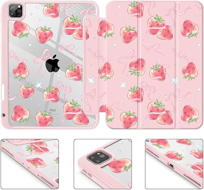 May Chen for iPad Pro 11 inch M2 4th Generation 2022 iPad Pro 11 3rd/2nd/1st Gen Case with Transparent Shockproof Back Cover [Built-in Pencil Holder Auto Sleep/Wake Bow Strawberry