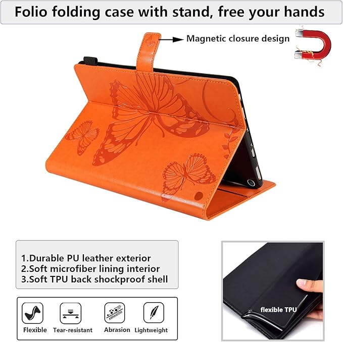 for Kindle Fire HD 10 &amp HD 10 Plus Case 13th/11th Generation 10.1 (2023/2021) Stand Embossed PU Leather Magnetic Wallet Cover with Pencil Holder/Pockets [Auto Wake/Sleep] Orange Butterfly