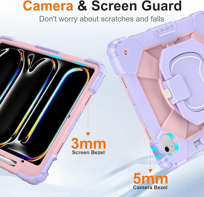 Case for iPad Air 13 Inch Case M4 2026/M3 2025/ M2 2024 Auorld for iPad Air 13 Inch Case M4 2026 Case with Screen Protector 360 Degree Rotating Stand Shoulder Strap Pencil Holder Purple Pink