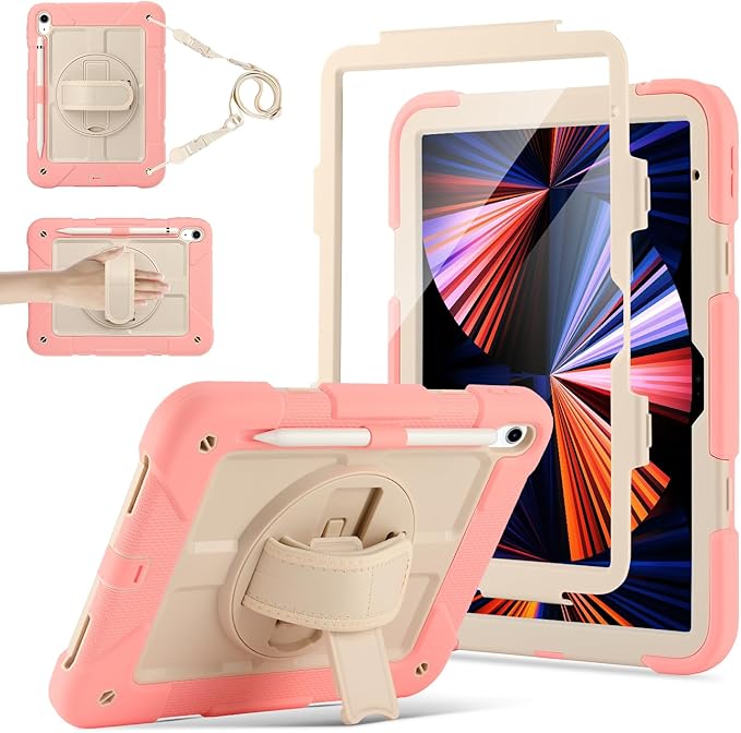 for iPad (A16) 11th Generation case11''(2025)/10th Generation case 10.9'' (2022)360°Rotatable Stand with [Screen Protector&ampPencil Holder&ampShoulder Strap] Shockproof Case (Pink+Beige)