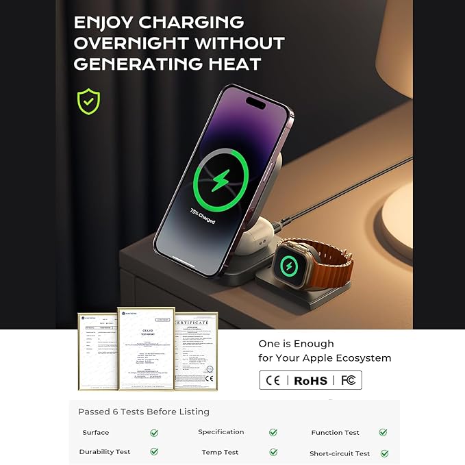 Trendwave 3 in 1 Charging Station for Apple Magsafe Charger Travel Accessories Wireless Charger 3 in 1 for for Airpods iWatch iPhone 12-17 Pro Max Black