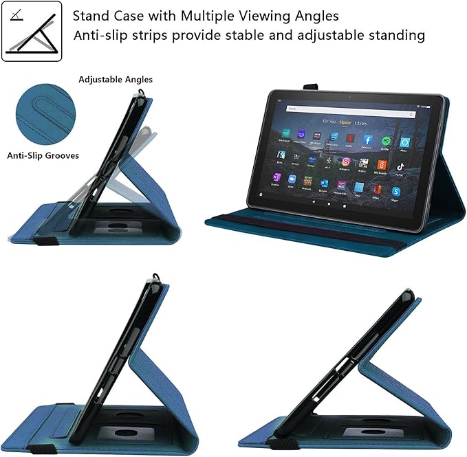 for Amazon Kindle Fire HD 10 &amp Fire HD 10 Plus Tablet Case 13th/11th Generation 10.1 (2023/2021) Folio Stand Embossed PU Leather Wallet Cover with Pencil Holder/Document Card Pockets Blue
