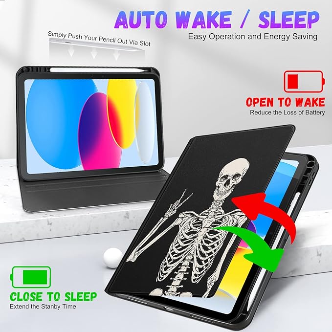 for iPad 10th Generation Case 10.9 Inch for iPad 11th(A16) 2025 Cute Boys Women Folio Cover Pencil Holder Skeleten Skull Horror Cool Design Funny Fun Teen Unique Tablet Cases for Apple 10/11