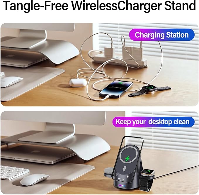 3 in 1 Magnetic Wireless Charger Qi2 Certified 15W Fast Charger for iPhone 16/15/14 Watch Foldable Rotating Charger Stand with Stable Flat Base MagSafe Compatible Travel-Ready Design