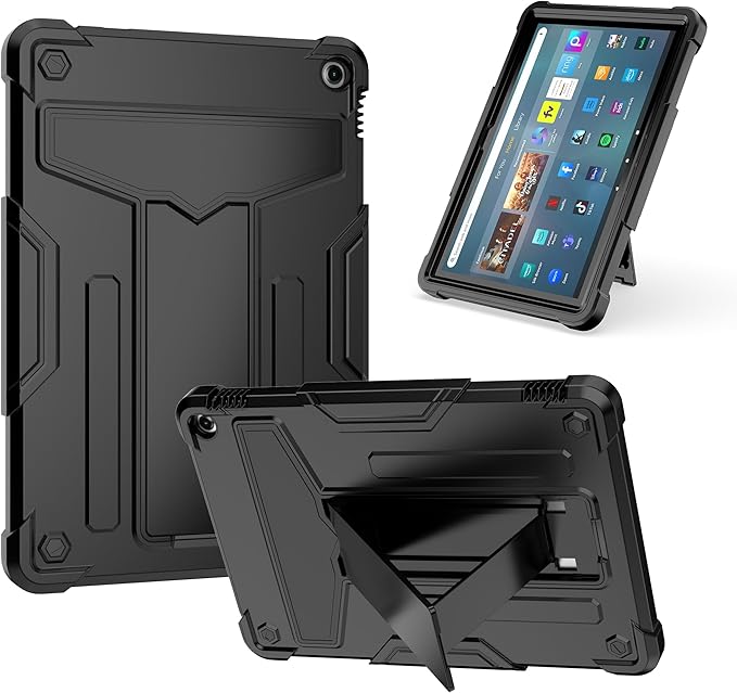 Case for Amazon Fire HD 10 Tablet 10.1 Inch Display (13th Generation 2023 Released) - Heavy Duty Hybrid Kickstand Case Cover + 1 Screen Protector and 1 Random Stylus (Black/Black)