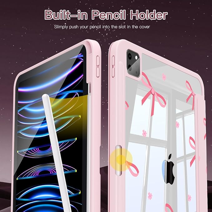 Teryeefi for iPad Air 11-Inch Case M4 (2026) / M3 (2025) / M2 (2024) iPad Air 4th/5th Generation iPad Pro 11 in 4th/3rd/2nd/1st - Clear Back Cover with Pencil Holder Auto Wake/Sleep (Pink Bows)