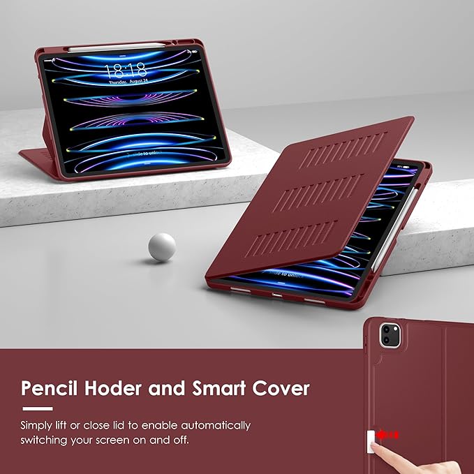 VIKESI Case for iPad Pro 12.9 6th / 5th / 4th / 3rd Generation Case 2022/2021/2020/2018Multiple Angles Magnetic Stand CoverShockproof Soft BackPencil Holderand Auto Sleep/WakeWine