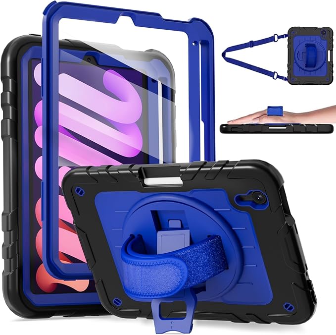 for iPad mini 7 A17 Pro/iPad mini 6 8.3 Inch Case iPad mini 7th/6th Generation Case (2024/2021) with Pencil Holder/Kickstand Hand Strap/Shoulder StrapBlack+Blue