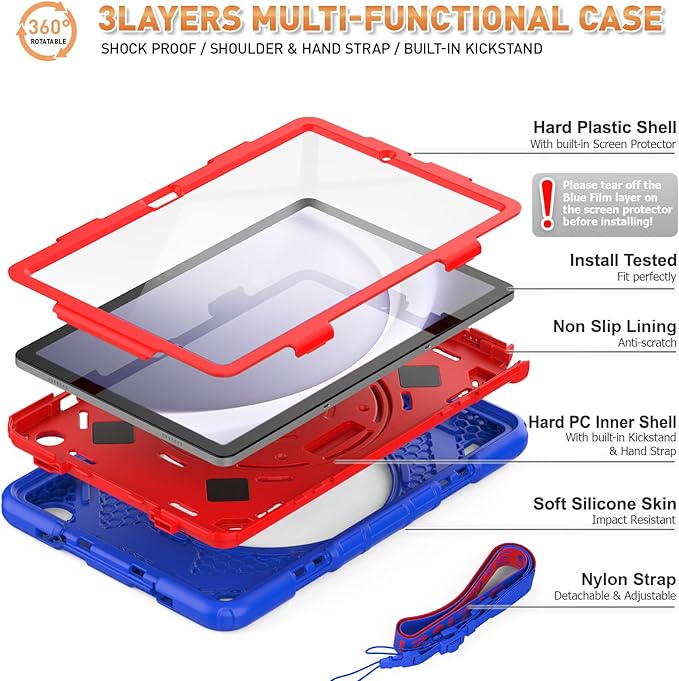 timecity Case for Galaxy Tab A9+ Plus 11 inch (SM-X210/X216/X218 Case). Protective Tablet Cover with Screen Protector 360° Rotating Stand Hand &amp Shoulder Strap - Dark Blue