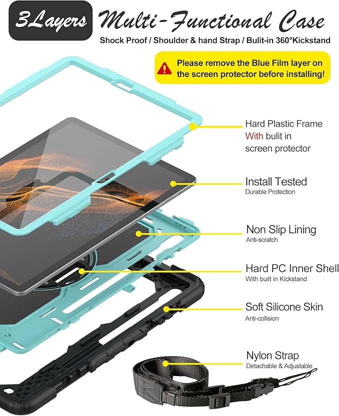 Case for Samsung Galaxy Tab S8 Plus 2022/S7 FE/S7 Plus 5G 12.4-inch Tablet Case Protective [with Screen Protector] Rotatable Kickstand S Pen Holder Hand/Shoulder Strap (SkyBlue)
