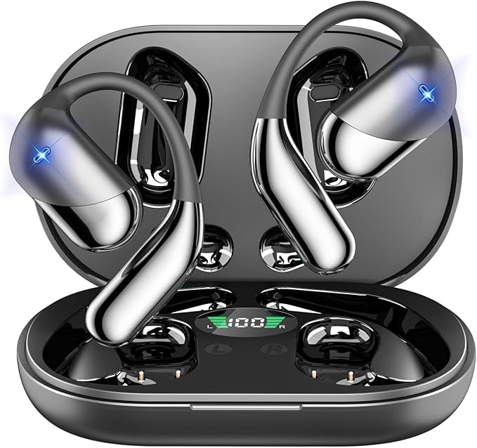 Open Ear Clip Wireless Earbuds Bone Conduction Headphones Bluetooth 5.4 Open Ear Design for Running FitnessofficeBuilt-in Mic IPX7 Waterproof LED Display Charging CaseEar Hooks Ear Buds