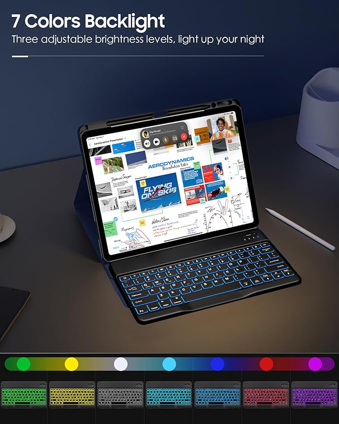 MoKo for iPad Air 13 Inch Case with Keyboard (M4 2026/ M3 2025/M2 2024) iPad Pro 12.9 inch (5th/6th Gen) Case with 7 Colors Backlit Pencil Holder Multi-Angle Detachable Bluetooth KeyboardNavy Blue