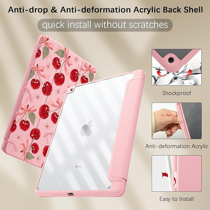 Cute Pink Bow Cherry Case for Ipad Air 11 Inch 2024 Cover Kawaii Design Shell Auto Sleep/Wake Anti-Slip Shockproof Cover with Clear Back Shell &amp Pencil Holder(Girl Women)