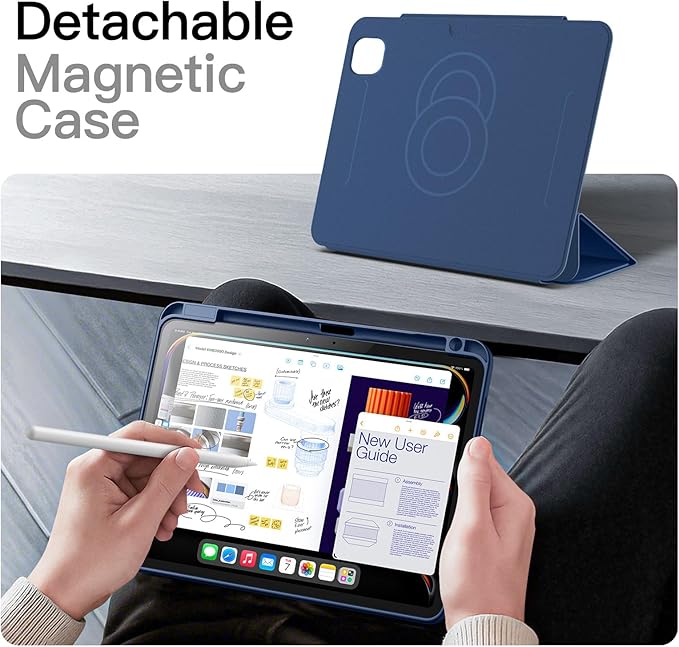 JETech Magnetic Detachable Case for iPad Pro 11-Inch M5/M4 (2025/2024) with Pencil Holder Removable Rotating Clear Cover Portrait/Landscape Stand with Raised Screen View (Navy)