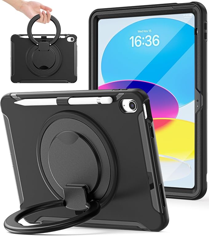 BATYUE Shockproof Case for iPad 10th Gen 10.9 2022 / 11th Gen (A16) 11 2025 | 360° Multi-Angle Stand (Portrait &amp Landscape) &amp Grip Built-in Screen Protector Pencil Holder Black