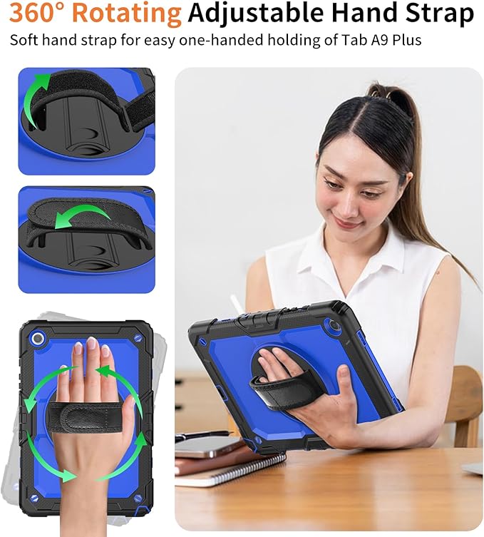 DUNNO Samsung Galaxy Tab A9+ Plus 11 Inch 2023 Case Shockproof with Screen Protector 360 Rotating Stand Hand &amp Shoulder Strap (Black/Blue)