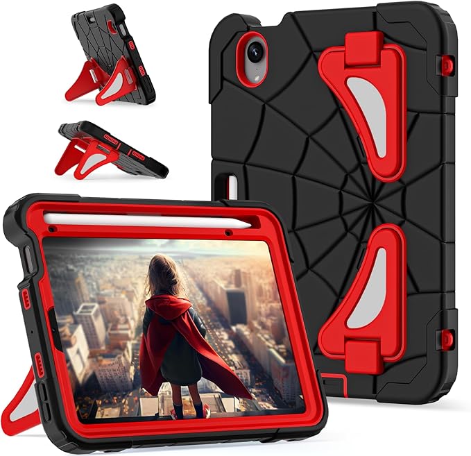 Kids Case for iPad mini 7 A17 Pro 2024/ Mini 6 8.3 inch Spider Case for iPad mini 7th 6th Generation Shockproof Durable Full Protective Cover with Pencil Holder Kickstand (Black+Red)