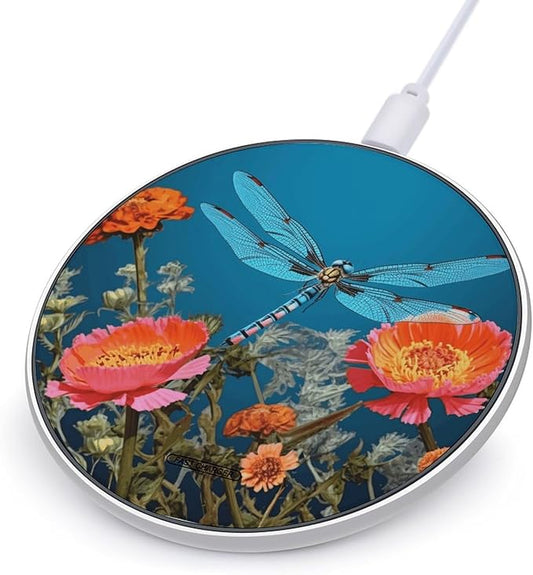 Dragonfly and Flower Wireless Charger Fast Wireless Charging Pad with USB Cable 10W Anti-Slip Magnetic Wireless Charger Portable Slim Charger Puck Travel Charging Station