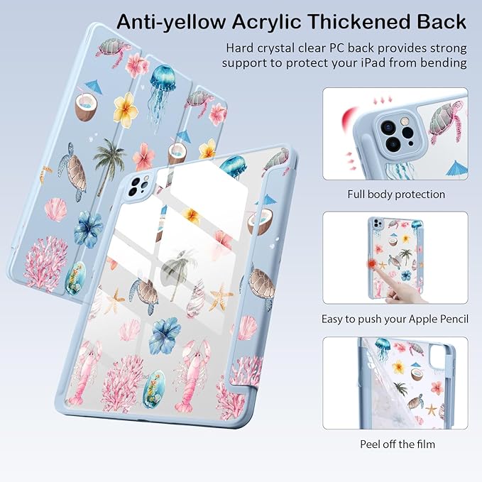 Cute Sea Turtle Flower Palm Tree for iPad mini 7 A17 Pro 2024/iPad Mini 6 Case with Pencil Holder Auto Sleep/Wake Blue Leather Clear Acrylic Back Cover