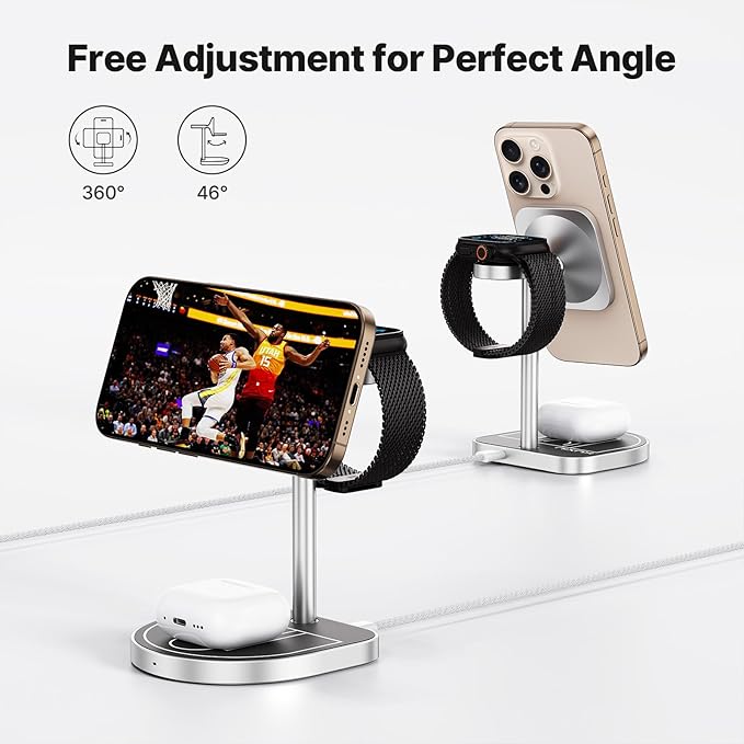 KU XIU X85 3-in-1 Wireless Charger Stand Magnetic Charging Station for iPhone 17–12 &amp iPhone Air Apple Watch S11–4/SE/Ultra AirPods 4/3/2/Pro – Adjustable Stand Basketball Court-Inspired Desig