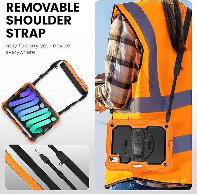 Timecity Case for iPad mini 7th/6th Generation 2024/2021 8.3 inch Full-Body Protective for iPad mini 7/ Mini 6 Case with Screen Protector Pencil Holder Swivel Stand Hand/Shoulder Strap- Orange