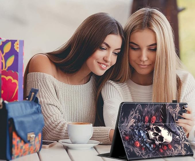 Case Fits Amazon Kindle Fire HD 8 &amp 8 Plus Tablet (12th Generation/10th Generation 2022/2020 Release) 8 Multi-Angle Smart Stand Cover Auto Sleep/Wake Raven on Skull with Flowers Roses