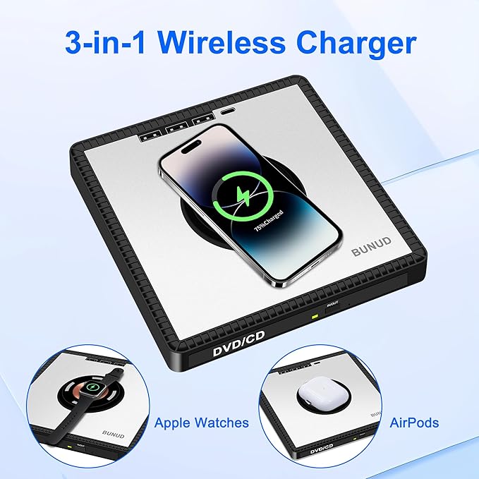 BUNUD External DVD Drive with Wireless-Charger: USB CD Burner &amp 15W Fast Charging for iPhone 17 16 15 14 13 12 Series - External DVD Player for Laptop Mac Apple Windows with SD/TF/3 USB Ports